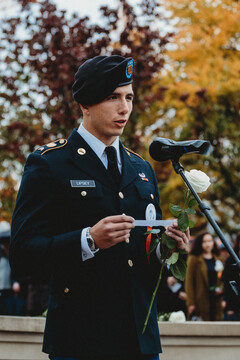 Scholar Marshall Lipsey details highlights of Timothy Cardwell's time at Syracuse before placing his rose in honor of Cardwell.