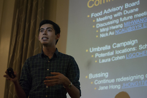 Ivan Rosales, chair of the SA Student Life Committee, speaks during the general assembly meeting Monday night. Twenty-two of the 48 general assembly members were absent from the meeting. 