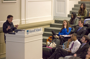 Chancellor Nancy Cantor discusses the need for more student financial aid and SU’s expanded recruiting efforts in large metropolitan areas during the Student Association meeting on Monday night. 
