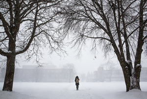 Meng Shen, an undecided sophomore in the Martin J. Whitman School of Management, enters the Quad on the way to E.S. Bird Library on Wednesday. Heavy snowfall caused SU to cancel classes after 2:15 p.m. SU has only canceled classes twice before due to snow.