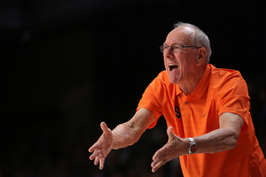 Jim Boeheim started serving his suspension Saturday when the Orange played Georgetown, and lost. He still must sit out eight more games.