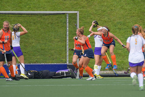 Chiara Gutsche (No. 74), pictured against Albany, scored twice at Stanford on Saturday night.