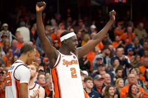 Jim Boeheim and Pearl Washington were recognized as members of Syracuse’s Ring of Honor during halftime of the Orange's win over the Hoyas.