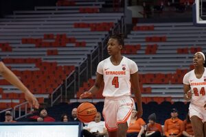 Teisha Hyman dribbles the ball up the floor during an early season matchup against Coppin State. This year, she averaged 10.4 points and 4.0 rebounds a game