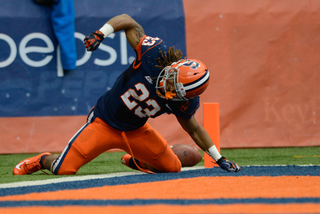 Prince-Tyson Gulley swings his right arm down to the ground in the first half Saturday.