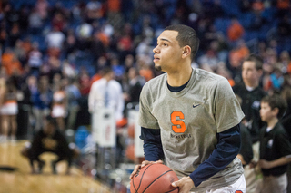 Tyler Ennis prepares to shoot during pregame warm-ups.