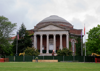 Work continues to replace the steps leading up to Hendricks Chapel. Photo taken July 25, 2017