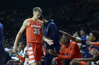 Buddy Boeheim finds a spot on the SU bench. He was scoreless in a team-low four minutes.