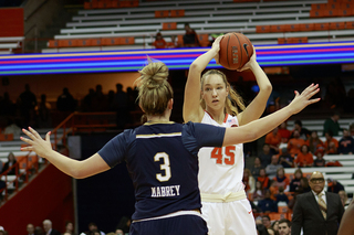 Digna Strautmane looks to pass the ball inside. She had 10 points.