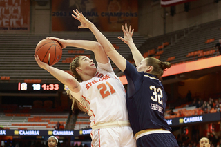 Emily Engstler puts up a shot through contact. She scored a quick turnaround for her first bucket, but didn't score thereafter.