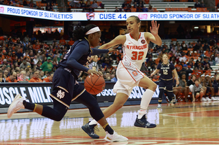 Miranda Drummond defends Notre Dame's Arike Ogunbowale up the court.