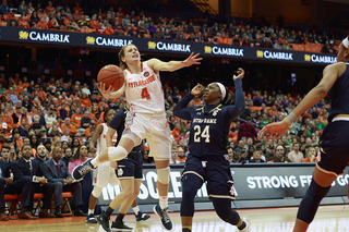 Mangakahia attempts a scoop shot under the rim.