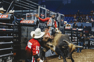 Junior Patrick Souza is released from the bucking chute to begin his ride.