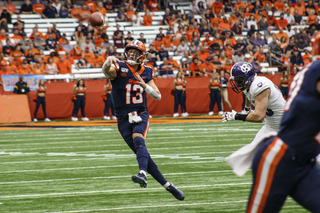 SU quarterback Tommy DeVito completed 19 of 31 pass attempts against the Crusaders. 