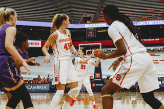 Emily Engstler holds the ball at the top of the key. 